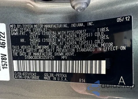 2012 Toyota Sienna Le from USA, damaged, VIN 5TDKK3DC8CS259121